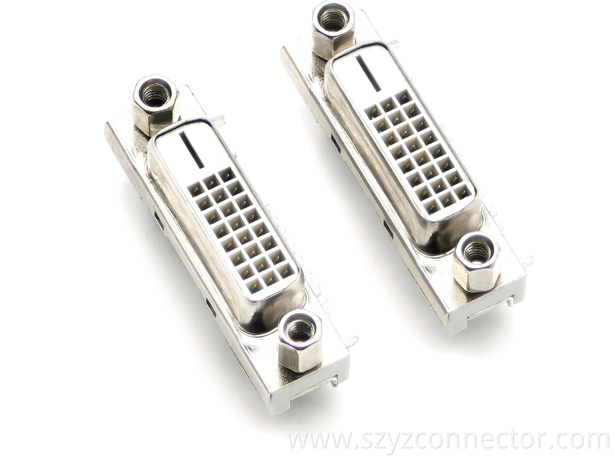 DVI Connector Right Angle DIP Female With Selective Gold Plating and Riveting Including Screws White 29P DVI Connector Right Angle DIP Female With Selective Gold Plating and Riveting Including Screws White 29P